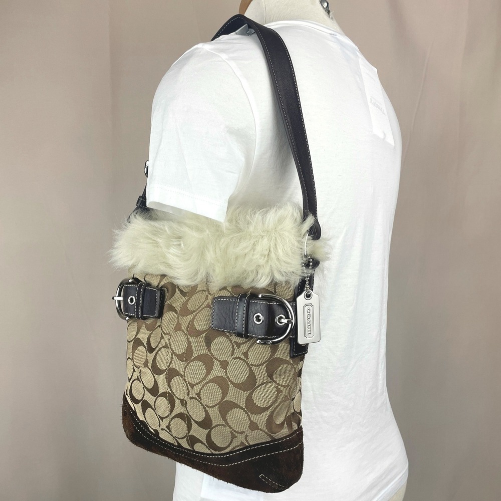 Vintage Y2K COACH Signature Shearling Fur Canvas Monogram Logo Bag 8K47 Dust Bag - Picture 8 of 9